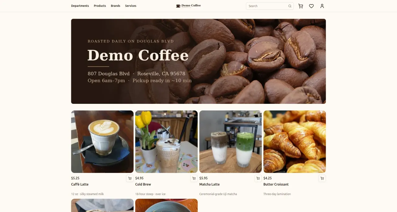 The Demo Coffee storefront: warm and serif, with departments across the top.