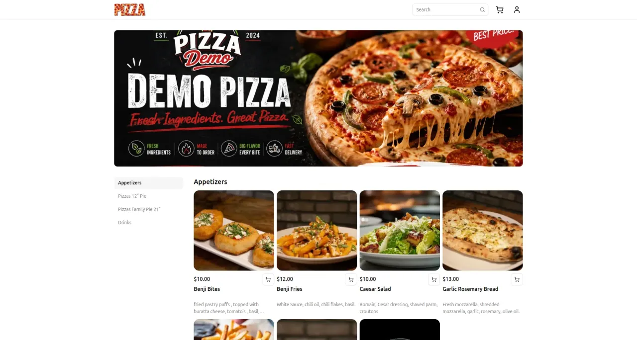 The Pizza Demo storefront: bold and image-led, with the category rail down the left.